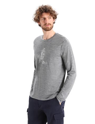 Men's Icebreaker Merino Tech Lite II T-Shirt Skiing Yeti Long Sleeve Gritstone Heather | CA 1720SGLO